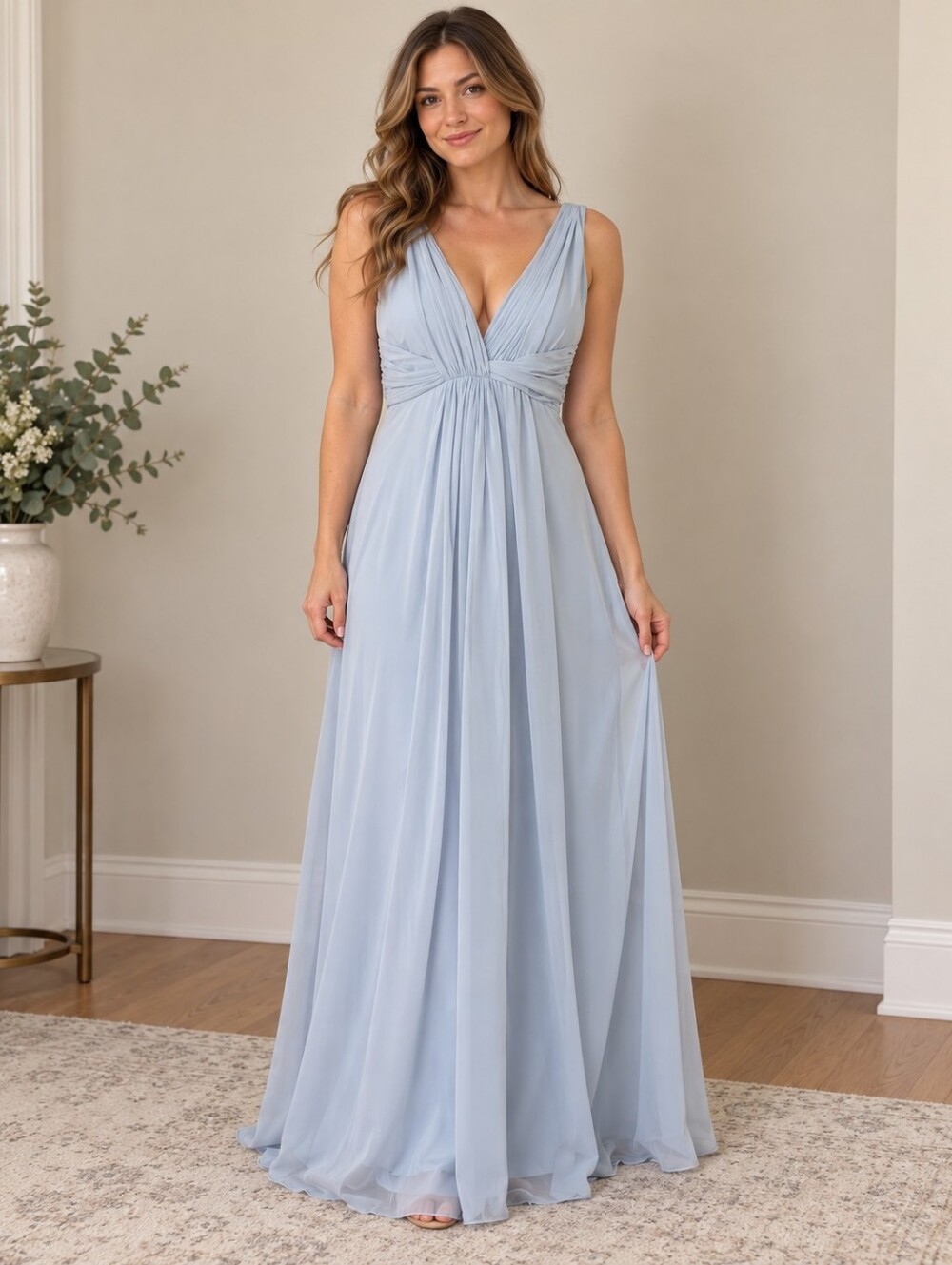 Collection Vivian Diamond Light Blue Chiffon Maxi Gown V-Neck Formal Dress